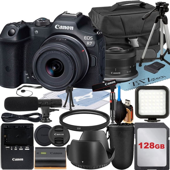 Canon EOS R7 Mirrorless Camera with RF-S 18-45mm Lens + 128GB Memory Card + Case + LED Flash + ZeeTech Accessory Bundle