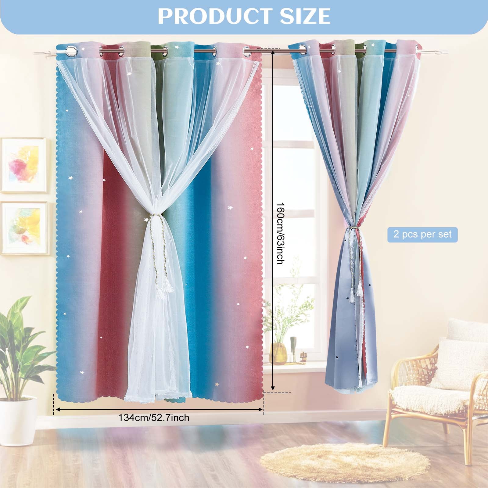 Dznils Star Ombre Printed Grommet Sheer Blackout Curtain Panel Set, 4 Piece, Pink, 52" W x 63" L