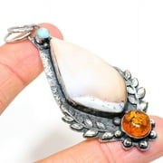 Dendrite Opal, Amber Gemstone Handmade 925 Sterling Silver Jewelry Pendant 3.03"