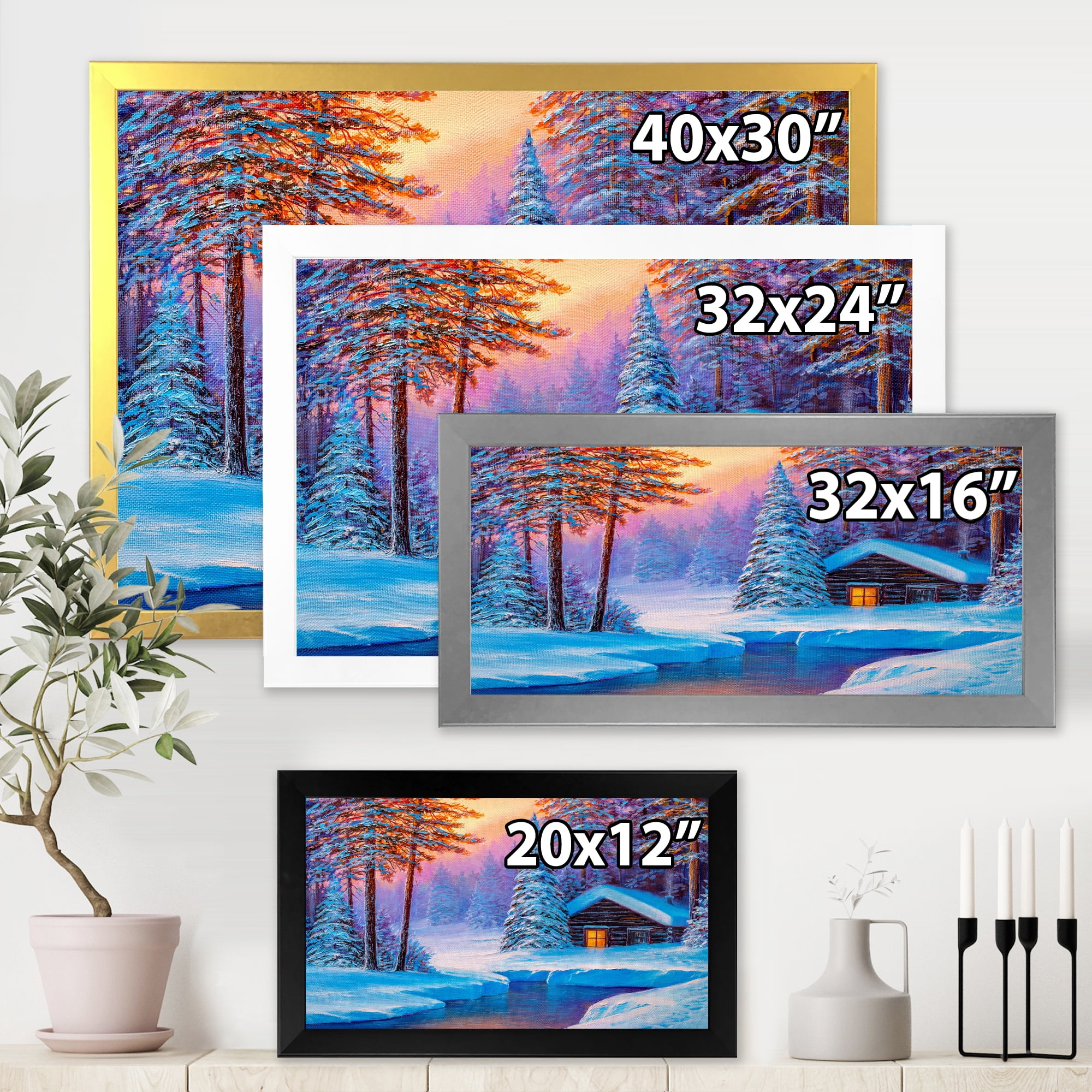 Designart 'Old Cabin In Winter Forest In Evening Glow I' Traditional Framed Art Print