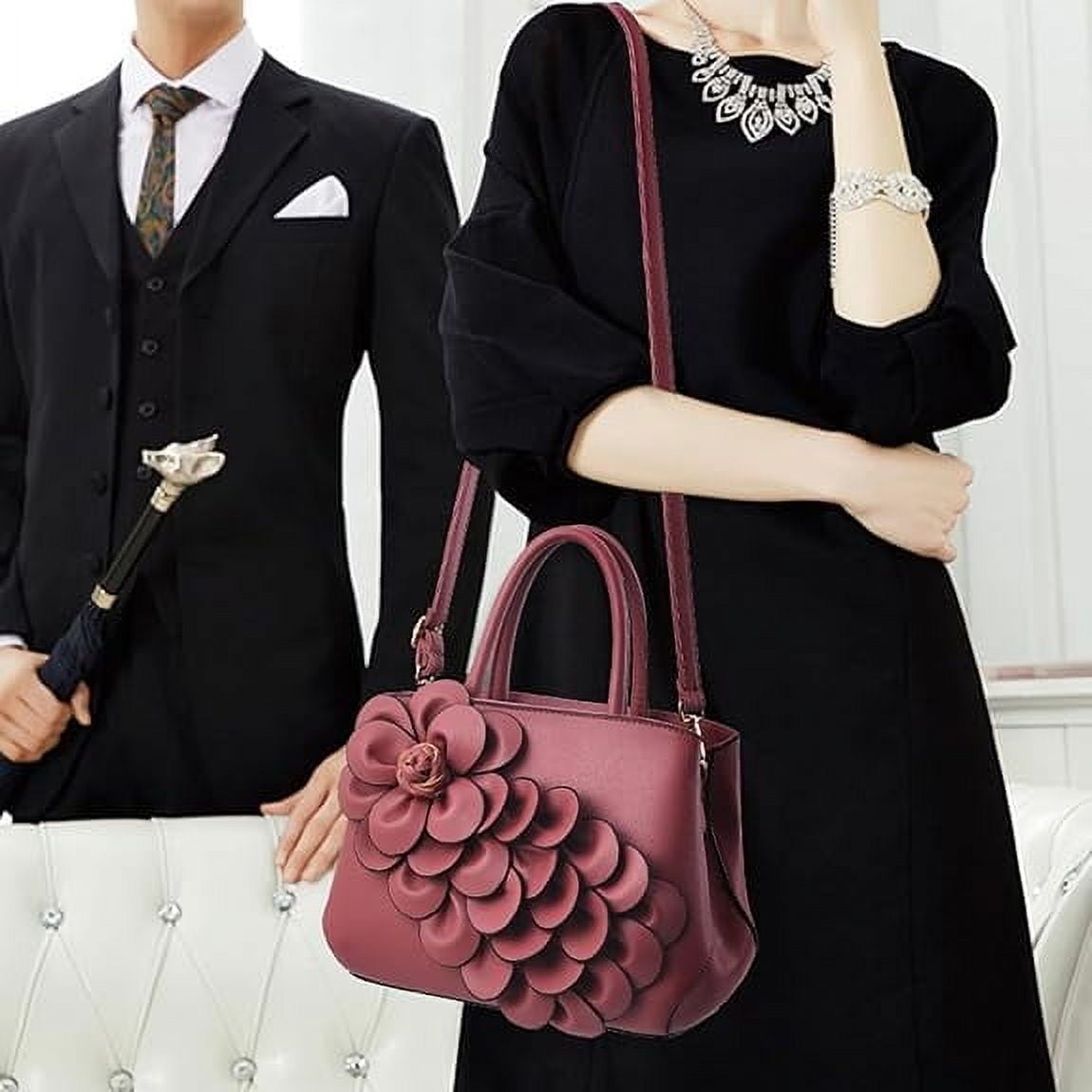 Women's Pu Leather Satchel Handbags 3D Flower Seris Evening Bags Crossbody Tote Purse Bag with Detachable Strap