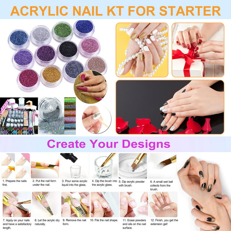 Nail Kit Set Professional Acrylic with Everything, 12 Glitter Acrylic  Powder Kit Nail Art Tips Nail Art Decoration, DIY Nail Art Tool Nail  Supplies