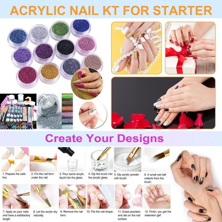 Nail Kit Set Professional Acrylic with Everything, 12 Glitter Acrylic  Powder Kit Nail Art Tips Nail Art Decoration, DIY Nail Art Tool Nail  Supplies