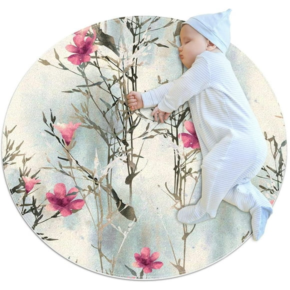 Hand Painted Flower Round Floor Mat Doormat 2.3-Feet Non Slip Absorbent Kids Carpet Yoga Rug for Entryway Bedroom Living Room Sofa Home Decor