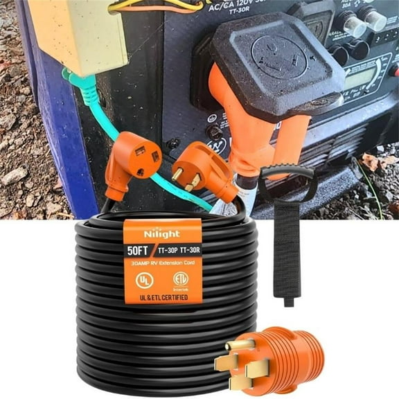 50FT 30 Amp RV Extension Cord with Adapter 50Amp to 30Amp 125V Heavy Duty 10/3 Gauge Pure Copper STW Wire UL ETL Listed 3 Prong TT-30P TT-30R Weatherproof Suit for Generators Campers