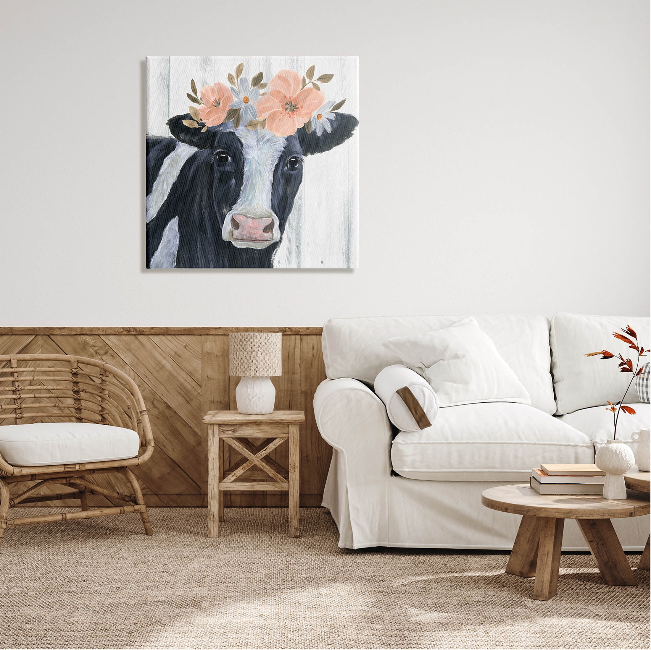 Pink Blossoms Cow Portrait Animals & Insects Graphic Art Gallery Wrapped Canvas Print Wall Art