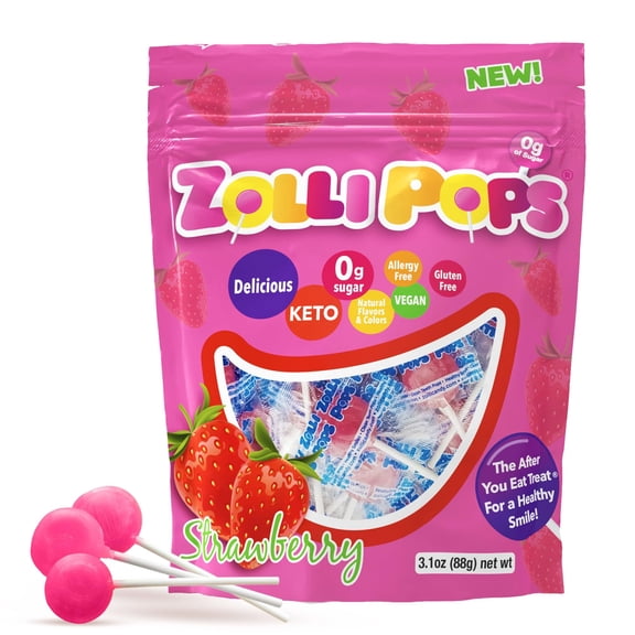 Zollipops Clean Teeth Pops Sugar Free Candy with Xylitol, Dye-Free Lollipops - Keto & Diabetic-Friendly, Dentist-Approved Treats for Kids (Strawberry 3.1 oz)
