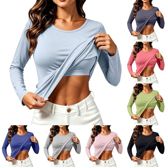 ZDNIXIAN Women Round Neck Long Sleeve Basic Top ,Soft Stretchy Slim Fit Solid Layering T-Shirt, Casual Crew Neck Base Layer Blouse, Lightweight Breathable Long Sleeve Undershirt