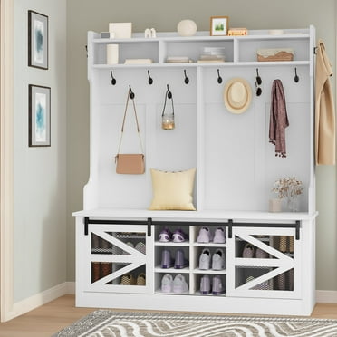 Dextrus 4-in-1 Entryway Hall Tree with Storage Bench, Coat Hanger, Shoe Cabinet for Hallway, Farmhouse Coat Rack with 12 Hooks, White