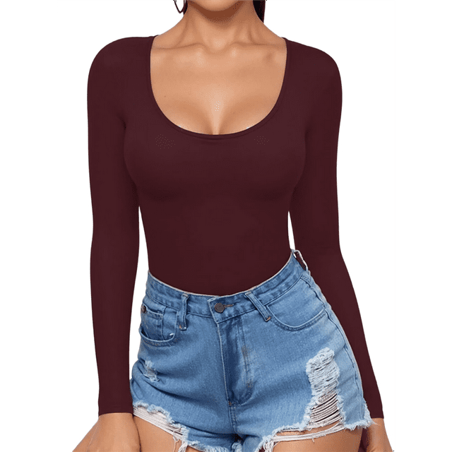 T-shirt Tunique Ajusté à Manches Longues à Encolure Dégagée pour Femmes, Rouge Vin, P