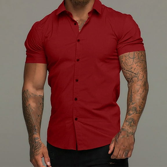 Ofreoo Men Casual Solid Slim-fit Turn-down Collar Button Short Sleeve Business Shirt Men Shirts Clearance Sale