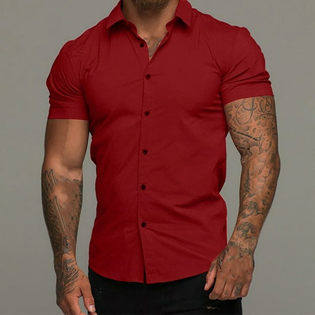 RXIRUCGD Chemises pour Hommes Hommes Décontracté Uni Coupe Ajustée Col Rabattu Bouton Manches Courtes Chemise de Bureau Hauts d'Été