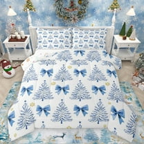 Homewish Lovely Bow Knot Full Size Comforter Sets,Chic Christmas Tree Bedding Comforter Set,White Blue Bedding Sets For Girl Kids,Microfiber Bedroom Decor Reversible,3-Piece