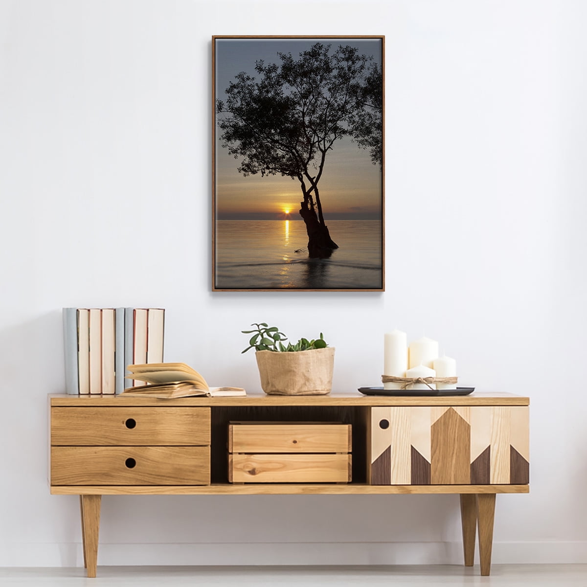Sunset Silhouette Framed Premium Gallery Wrapped Canvas - Ready to Hang - 17 x 25 - Walnut Floating Frame