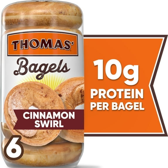 Thomas' Cinnamon Swirl Bagels, 6 count, 10g Protein, Kosher Cinnamon Bagels, 20 oz Bag pack of 1