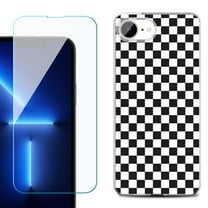 For For iPhone 16e Phone Case Cover, Shockproof Case with Tempered Glass Screen Protector, by OneToughShield - Checker B/W