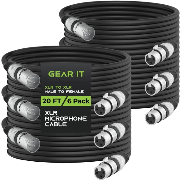 Cable de micrófono GearIt XLR macho a hembra, 6 m, paquete de 6 unidades, negro