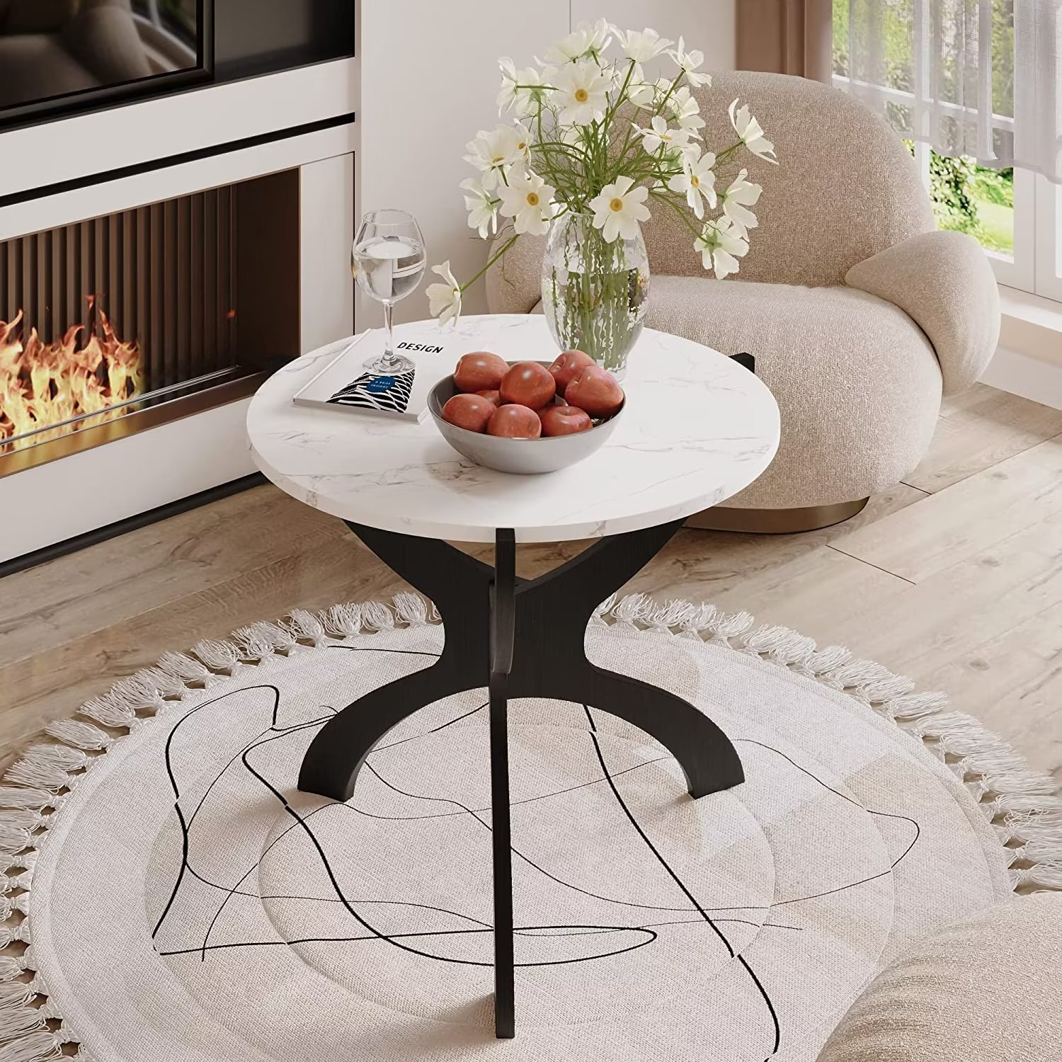 Simzone Modern Coffee Table, Round White Coffee Table with Faux Marble