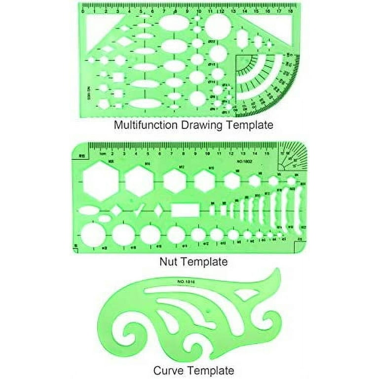 11PCS Geometric Drawings Templates, Drafting Stencils Measuring Tools,  BetyBedy Plastic Clear Green Ruler Shapes with a Zipper Bags for  Architecture, Office, Studying, Designing and Building 