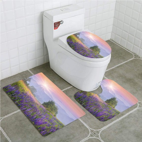 GOHAO Lupine Flowers in Dew on Meadow 3 Piece Bathroom Rugs Set Bath Rug Contour Mat and Toilet Lid Cover