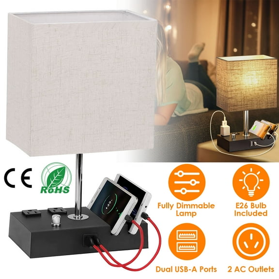 Fully Dimmable Table Lamp with Charging Station 2 Power Outlets Grey Fabric Lampshade LED Bulb Included, Moclever Bedside Desk Lamp for Nightstand