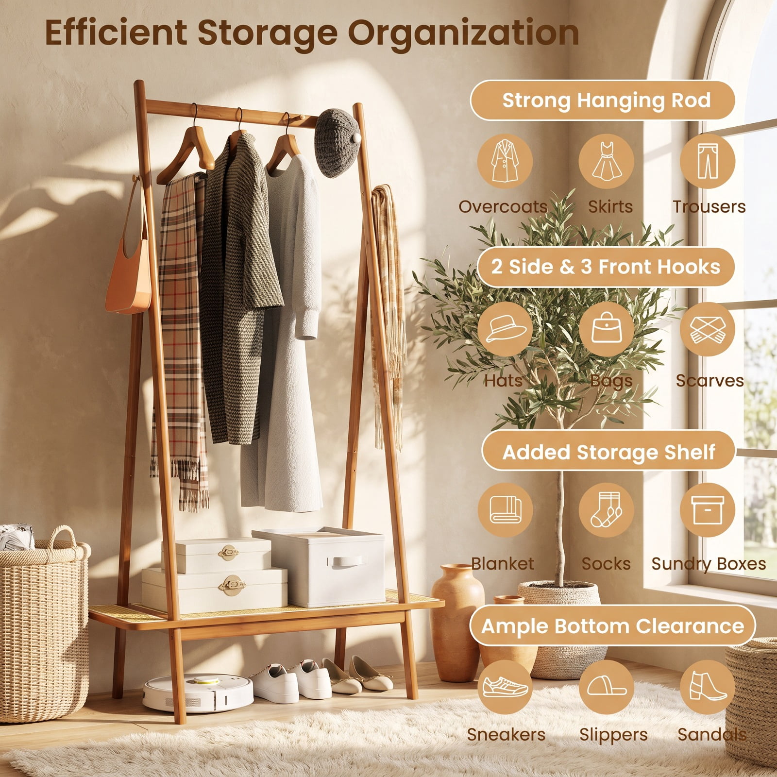 Furnibear Bamboo Clothes Rack with Hanging Rod Rattan Shelf and 5 Copper Hooks Freestanding Garment Rack for Bedroom and Entryway, Brown