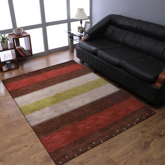 Rugsotic Carpets Hand Knotted Wool Area Rug 8'x10' Brown Silver Contemporary Rectangle Indoor Rug for Living Room, Bedroom Antimicrobial L00A98