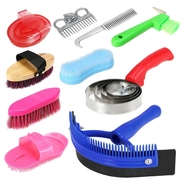 Kit de Toilettage, Ensemble d'Outils de Sueur de Brosse de Curry Kit de Racleur de Sueur de Brosse 10-en-1 Ensemble d'Outils de Peigne de Curry Peigne de Lavage de Curry Peigne de Queue de Brosse de Curry Peigne de Curry