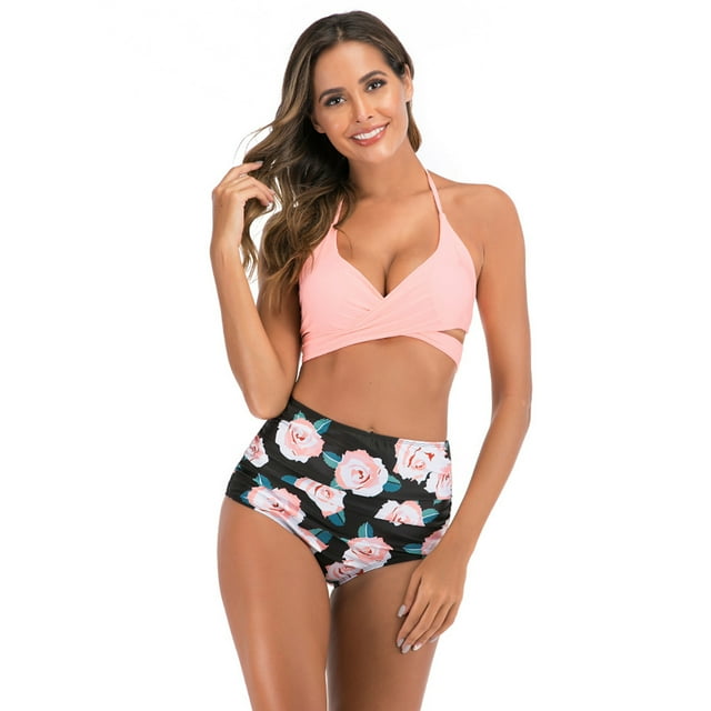 Women Halter Bikini High Waisted Swimsuits Cross Wrap Two Piece Strappy Bathing Suits