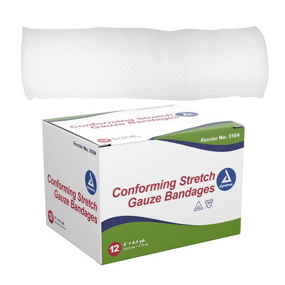 Dynarex Stretch Gauze Bandages, 4" x 4.1 yd, Non-Sterile & Latex-Free, Wound Care in Medical and Home Environments, 12 Count
