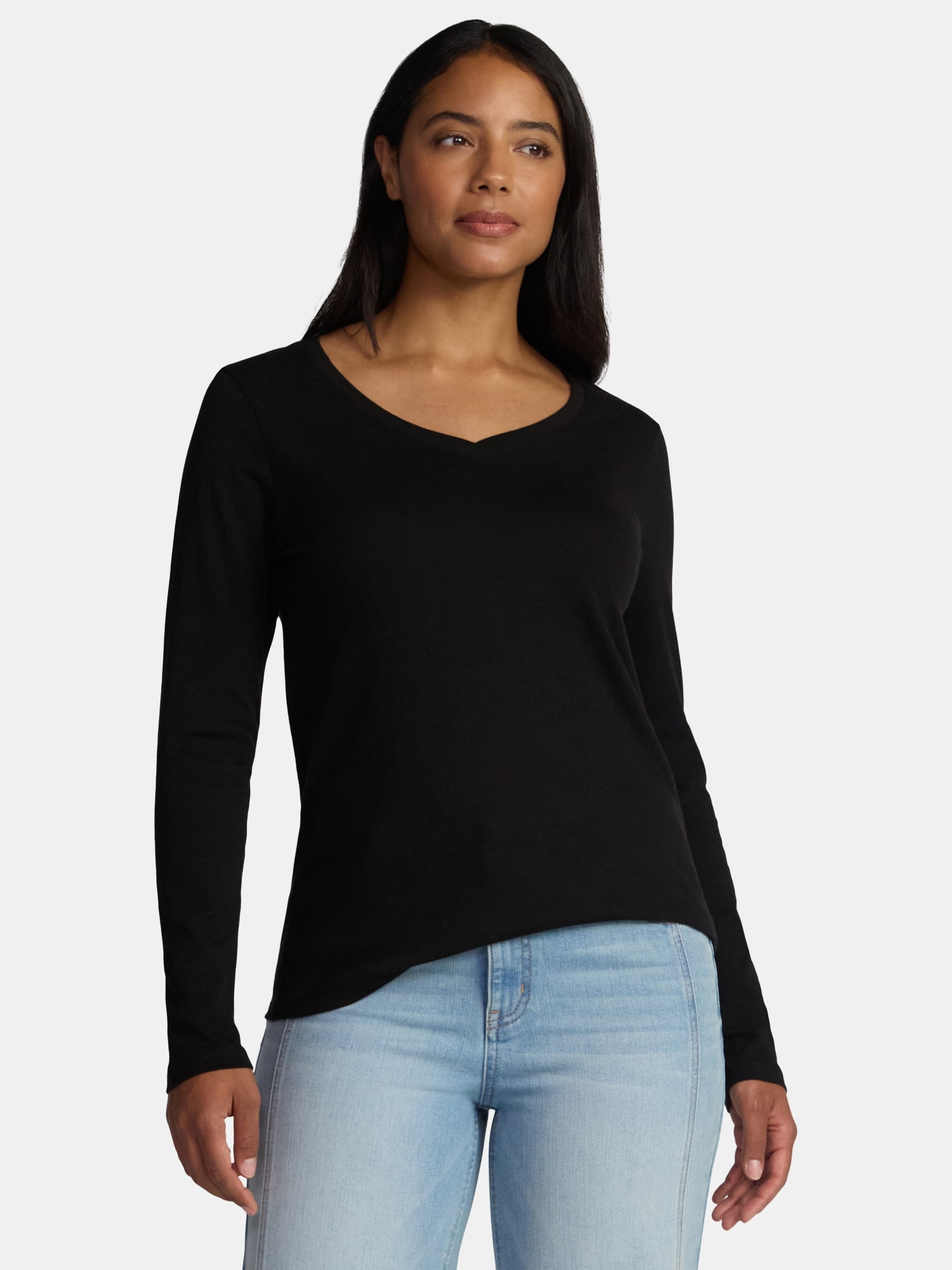 Time and Tru Women's Cotton V-Neck Tee with Long Sleeves, 2-Pack, Sizes XS-XXXL