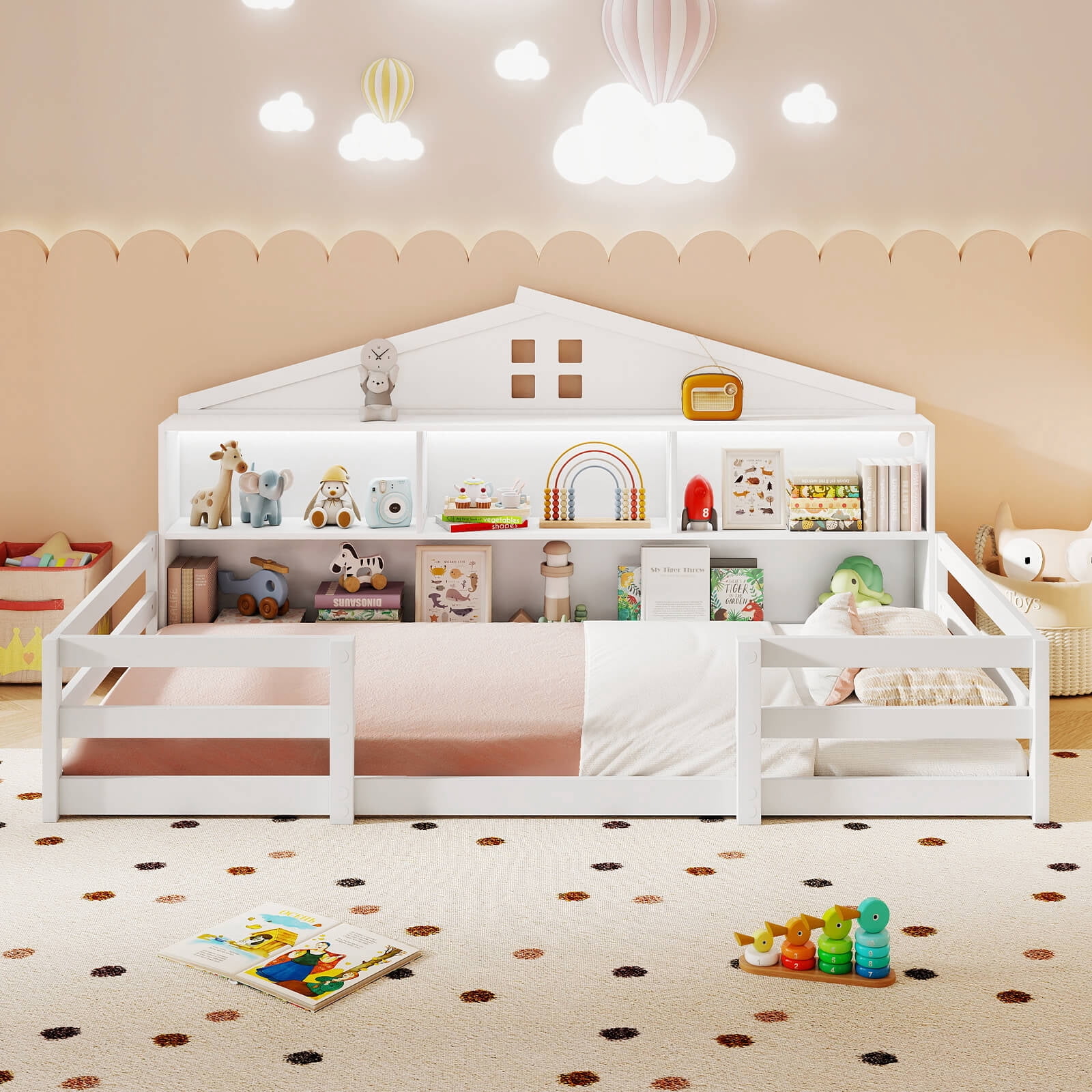 Costway Twin Size Montessori Floor Bed with LED Lights Safety Guardrails Compartments Shelf White