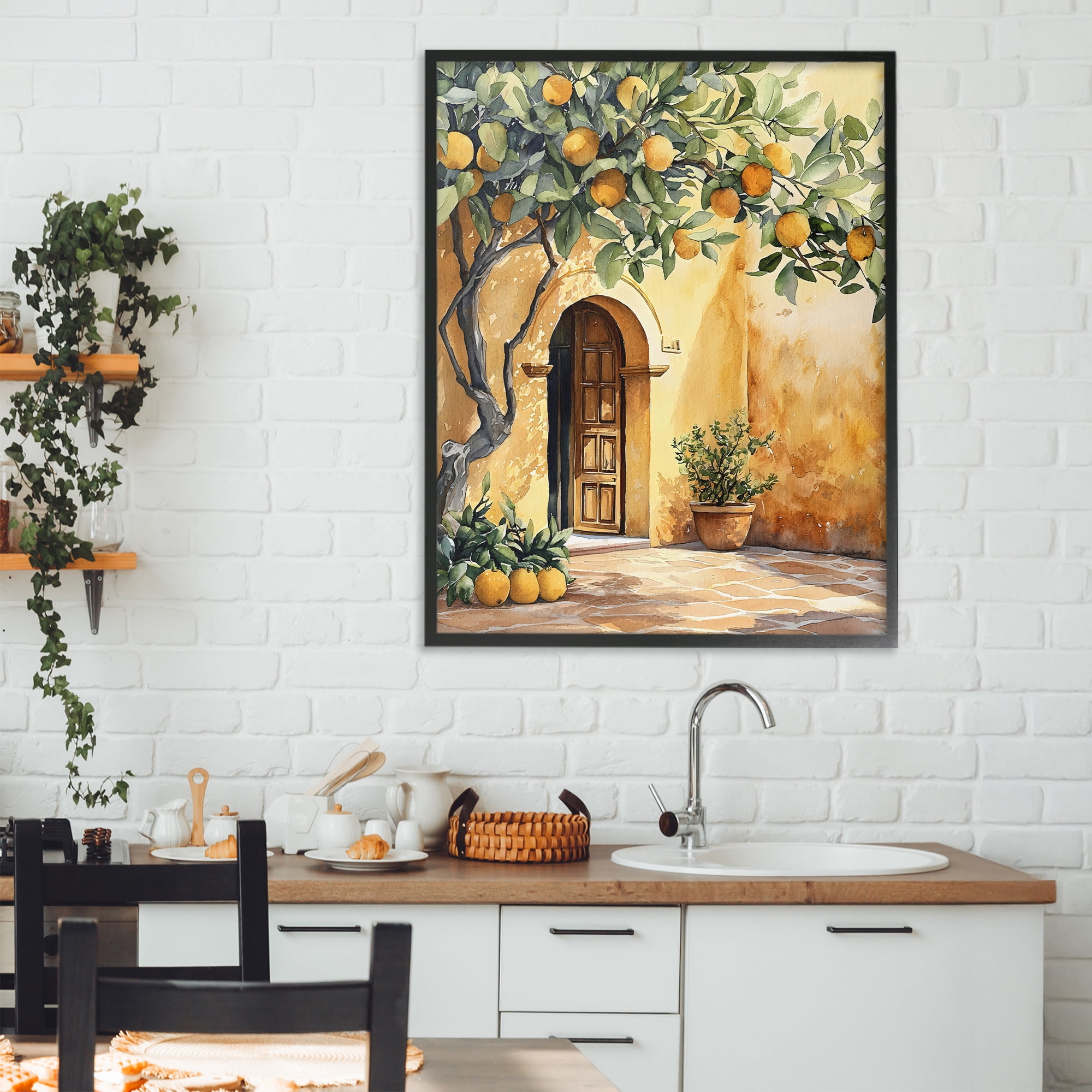 Stupell Industries Mediterranean Courtyard Lemon Tree Black Framed Giclee Art, design by LSR Design Studio