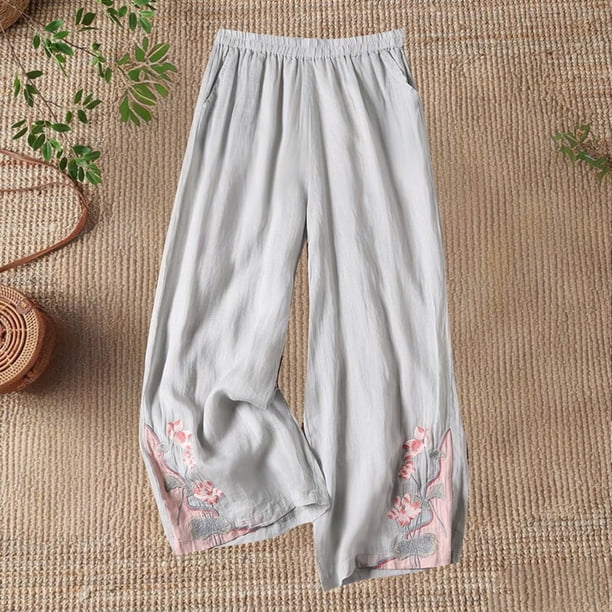 TaTaai Women Spring Summer Cotton Linen Like Embroidered Loose Wide Leg Cropped Pants Casual Fashion Style Lightweight Breathable Machine Washable No Fading Daily Office Leisure Wear Gift