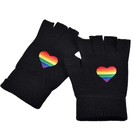 YUUZONE Half Finger Gloves for Unisex Winter Warm Wool Rainbow Heart Fingerless Mitten