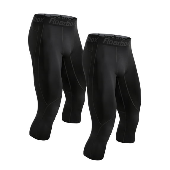 Roadbox 2 Pack Men's 3/4 One Leg Compression Pants - Basketball Athletic Running Tights Leggings Spandex Base Layer Underwear
