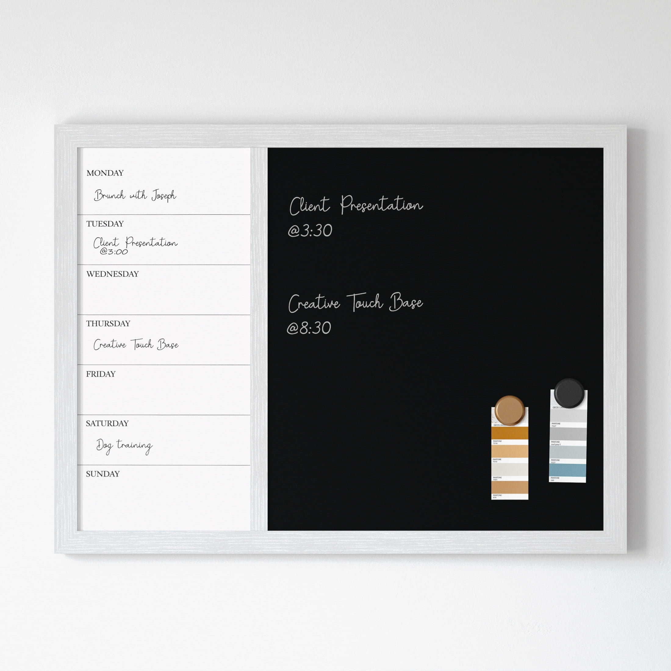 Martha Stewart Everette 24"x18" Magnetic Weekly Calendar Dry Erase Board and Chalk Board with Liquid Chalk Marker and Magnets, White Woodgrain Frame