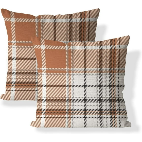 Set of 2 Fall Pillow Covers Autumn Decorative Throw Pillow Cases 20x20 Inch Orange Grey Plaids Cushion Covers Faux Linen,Farmhouse,Thanksgiving,Home Décor