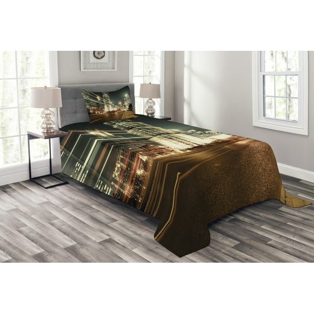City Bedspread Set Twin Size Shanghai Lujiazui Finance And Trade Zone Of The Modern Nighttime View Quilted 3 Piece Decor Coverlet With Pillow Sham Bronze Black White By Ambesonne City Bedspread Set Twin Size Shanghai, King Size Bed Set Finance