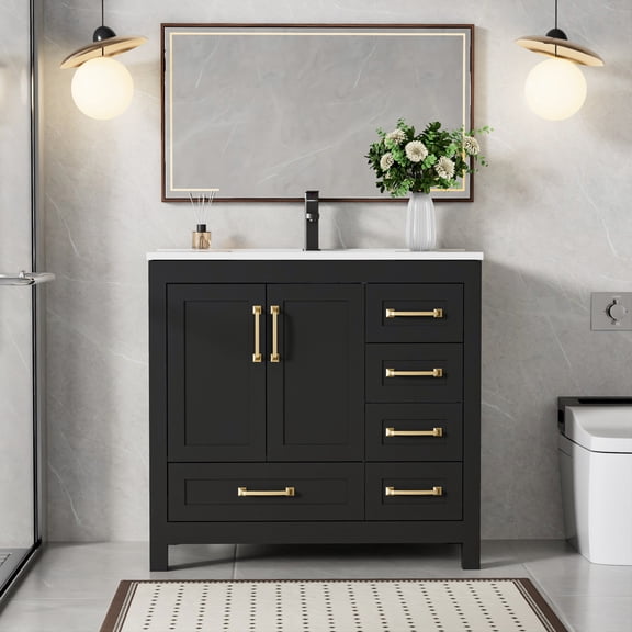 Eclife 36" Integrated Bathroom Vanity with Sink, Single Sink Modern Cabinet, Soft-Touch Water-Resistant Surface
