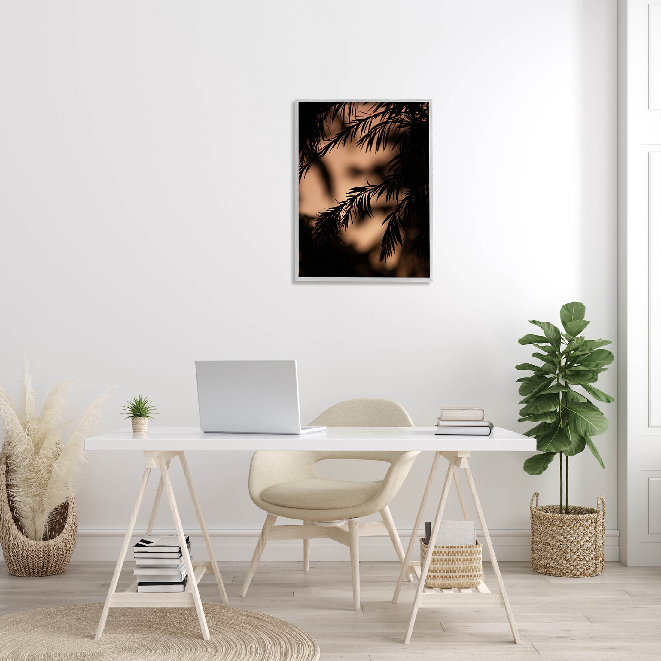 Night Silhouette Tree Leaves Botanical & Floral Photograph Gray Framed Art Print Wall Art