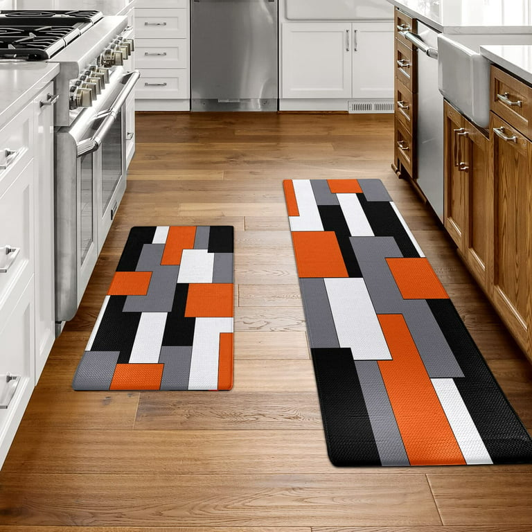 Orange Black Grey White Kitchen Rugs and Mats Set of 2 Cushioned