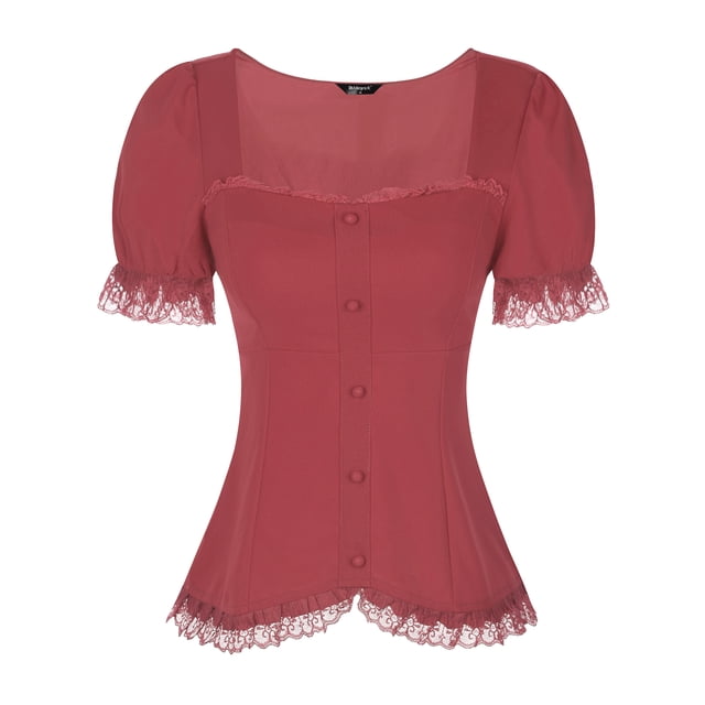 CAMISA VICTORIANA INSPIRE CHIC PARA MUJER CON ESCOTE CORAZÓN Y MANGAS ABULLONADAS, BLUSA GÓTICA CON LACITOS PARA HALLOWEEN, TALLA XS, ROJO SANDÍA
