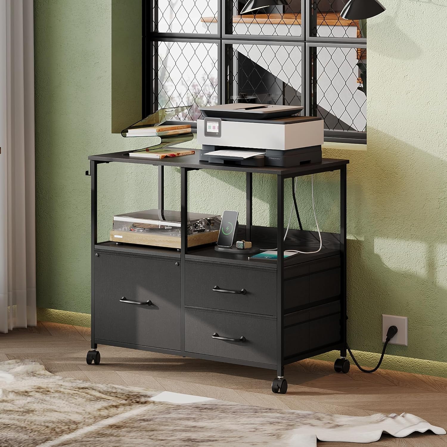 HZshop 3 Drawer File Cabinet with Charging Station, Rolling Printer Stand for Office Storage, Mobile Filing Cabinet fits Under Desk Storage, Black
