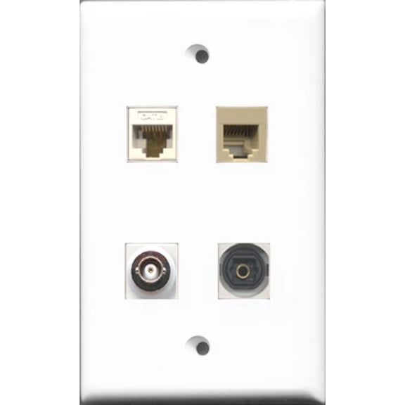 RiteAV 1 Port Phone RJ11 RJ12 Beige and 1 Port Toslink and 1 Port BNC and 1 Port Cat6 Ethernet White Wall Plate