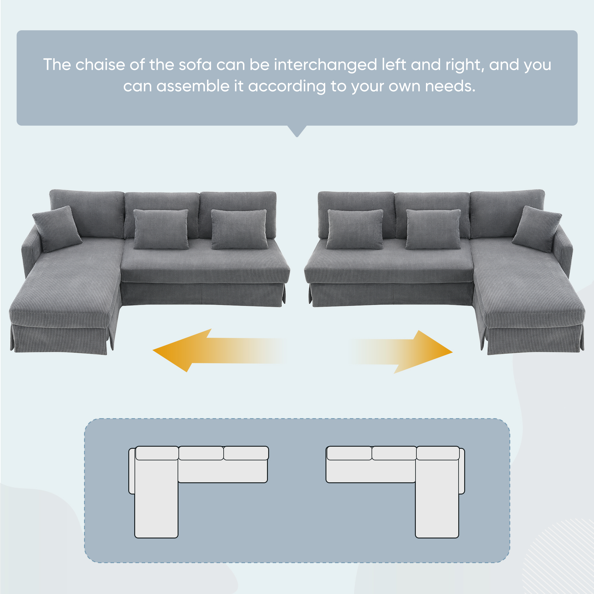 EUROCO 1300LBS 87" Modern L-shaped Sectional Sofa Couch, 4 Seat Corduroy Couch with Reversible Chaise and Pillows, Upholstered Convertible Sleeper Couch for Living Room, Apartment, Office, Gray
