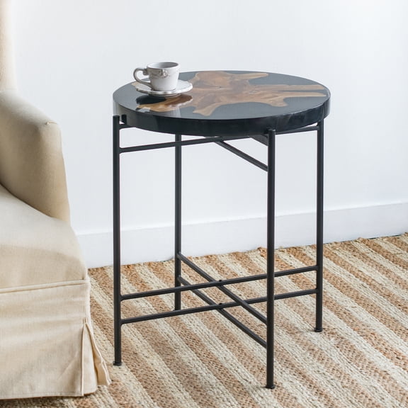 Gzxs 22" Round Side Table, Industrial Wood End Desk with Cross Metal Base, Modern Flowerpot Holder Plant Stand for Living Room Bedroom Small Space, Black Brown