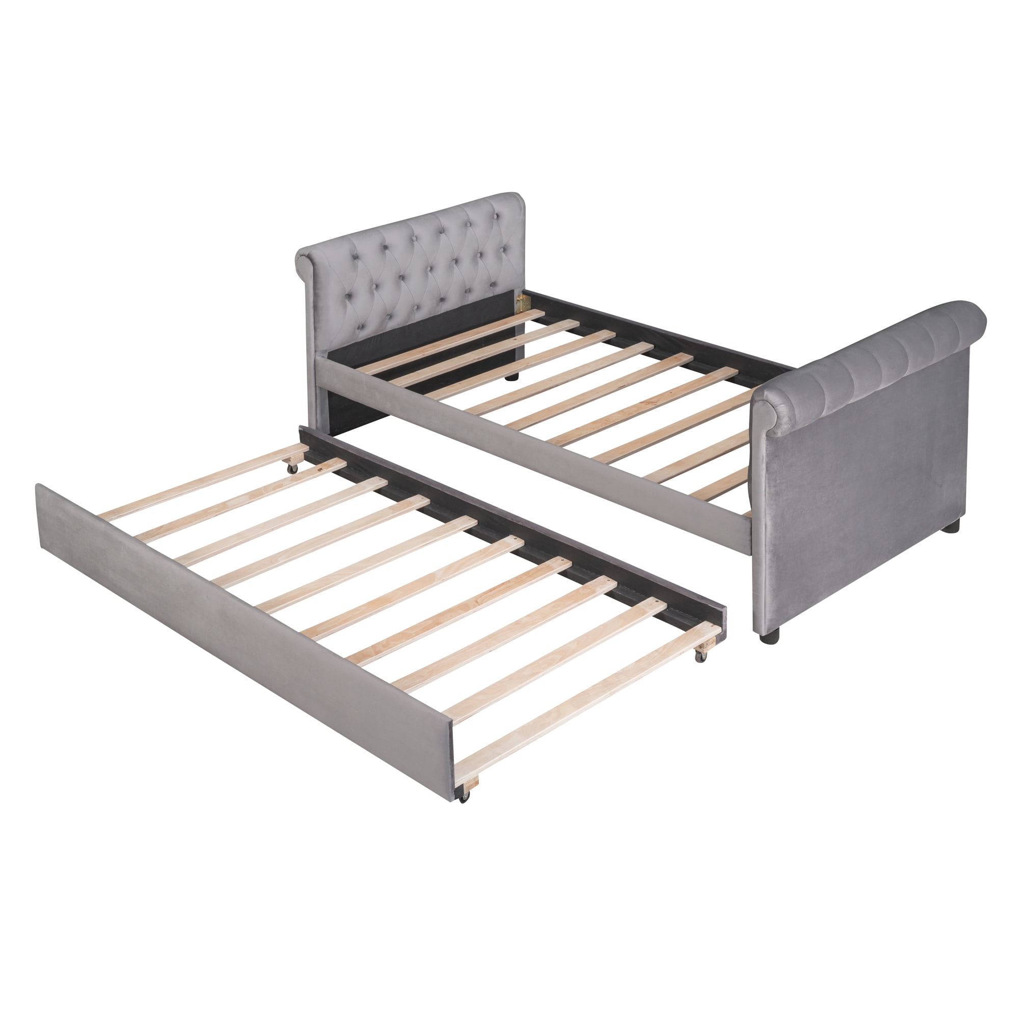 Aukfa Twin Size Upholstered Daybed with Trundle Bed, Velvet Button Tufted Sofa Daybed - Gray
