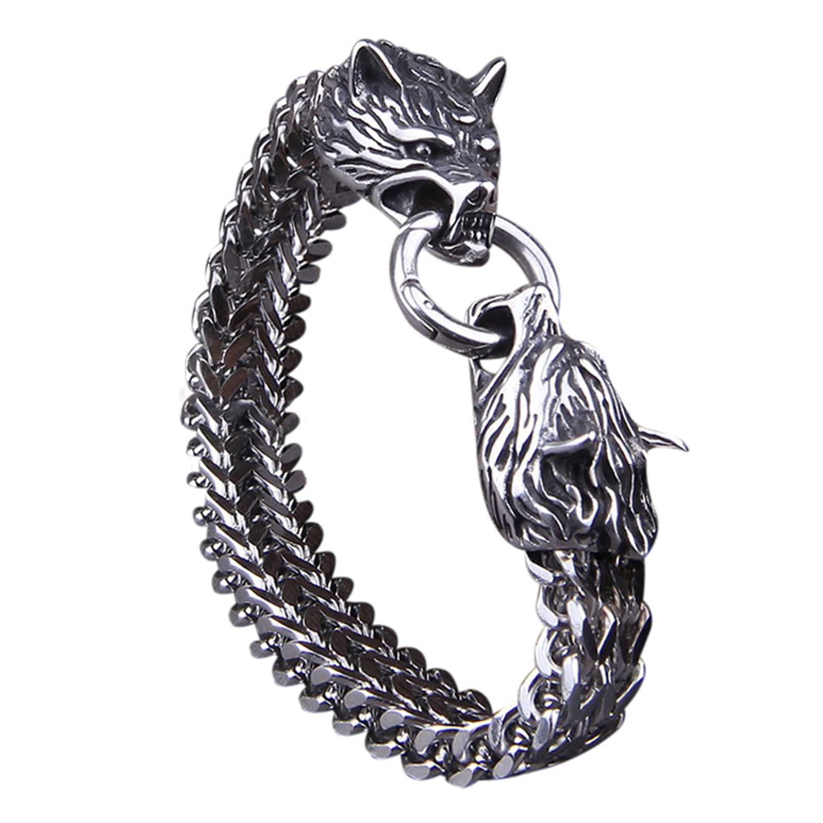 Mens Viking Fenrir Wolf Head Bracelet Silver Black Braided Bead Lava Wristband 
