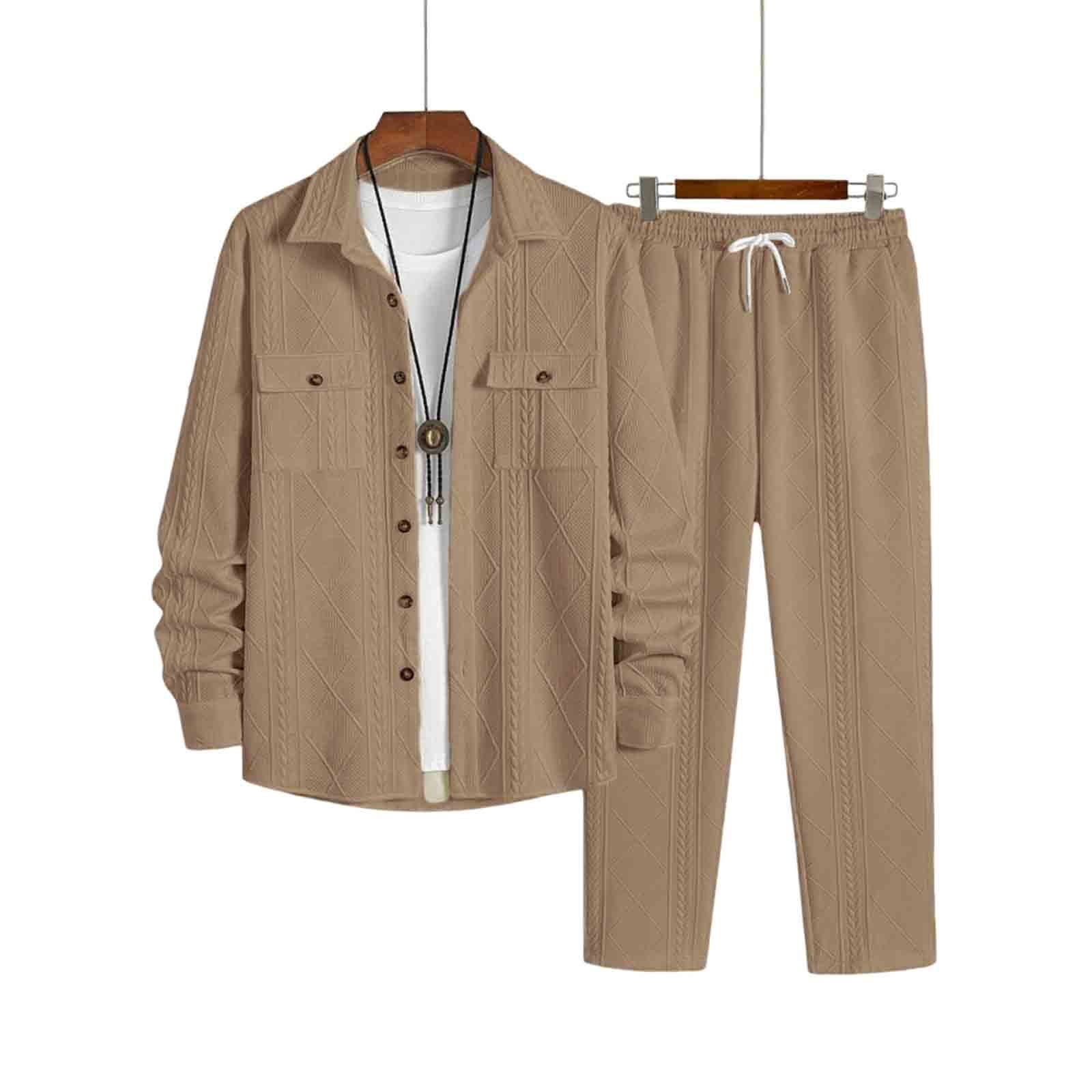 Txeol Mens 2 Piece Outfits Textured Long Sleeve Button Down Shirts